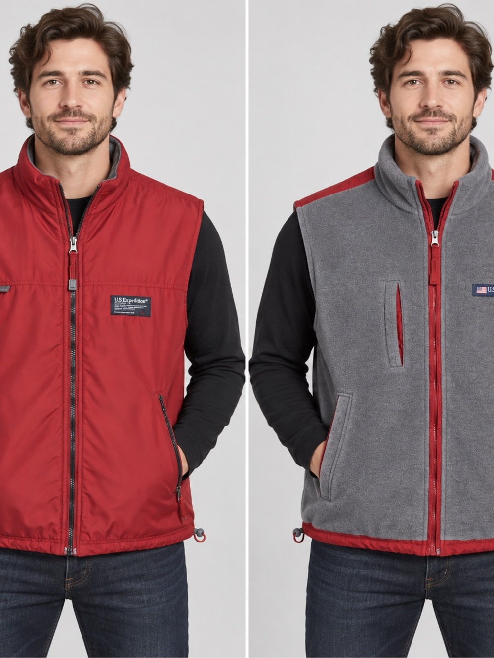 U.S. Expedition Men’s L Reversible Red Gray Fleece Vest